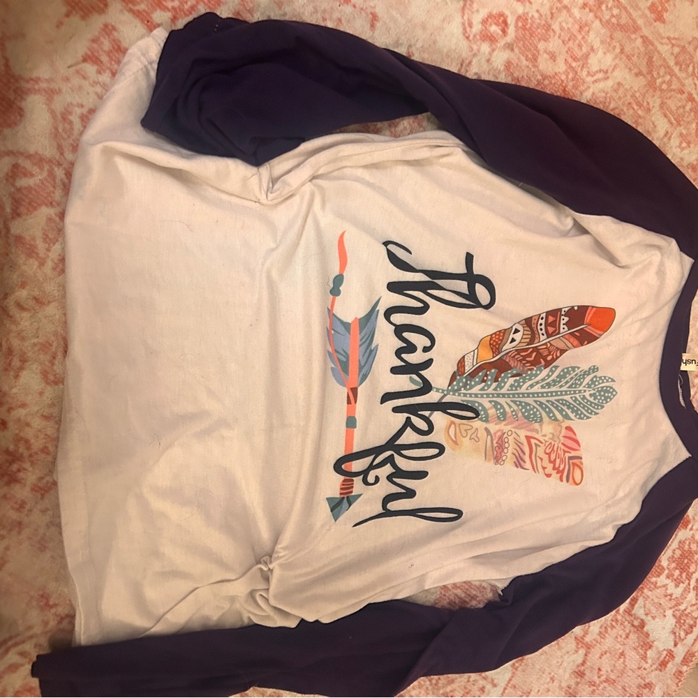 Thankful Feather Long Sleeve Tee - White and purple